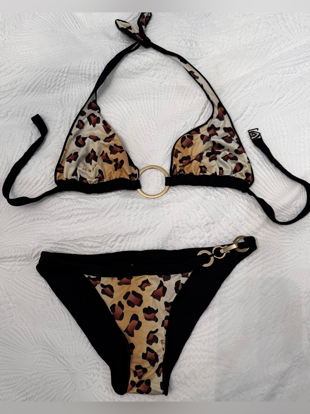 Blue Glue Leopard Print Bikini Set with Gold Ring Detail